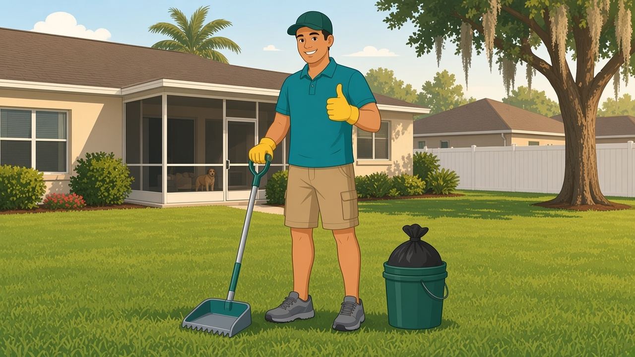 Sammy Scoop cartoon in a clean backyard.